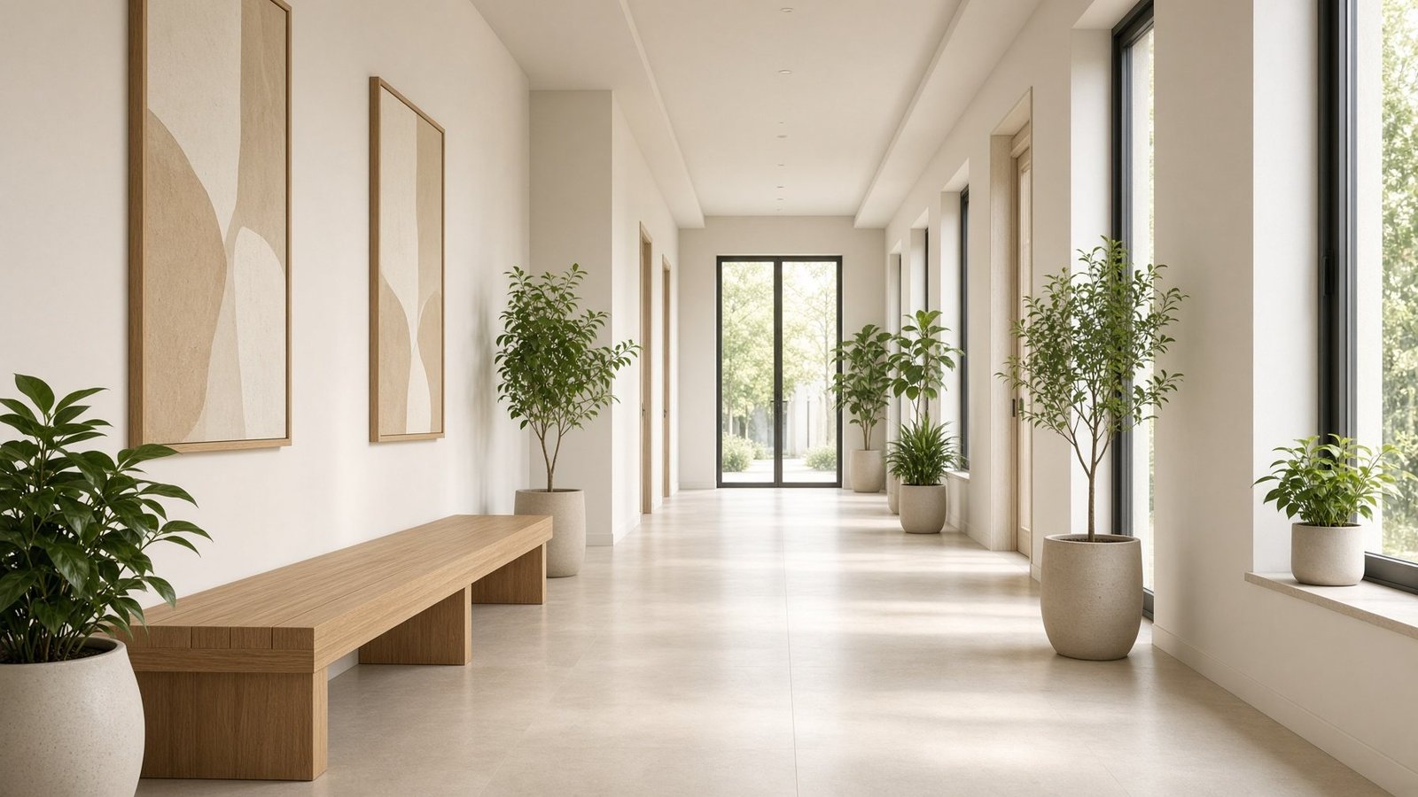 Bright clinic corridor with plants and natural light